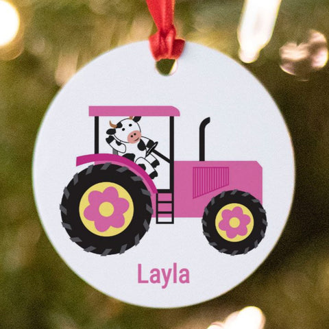 Pink tractor with cow Christmas Ornament