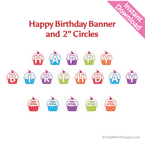 Happy Birthday Rainbow Cupcake Banner
