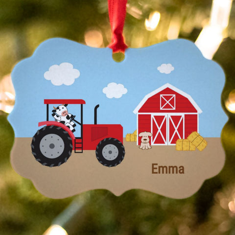 Red Tractor with Cow Ornament