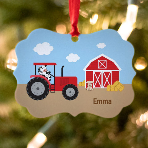 Personalized Farm Ornament with Green Tractor and Cow