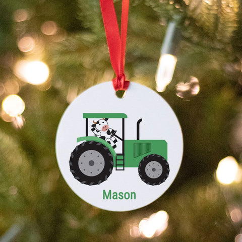 Pink Tractor with Cow Farming Christmas Ornament