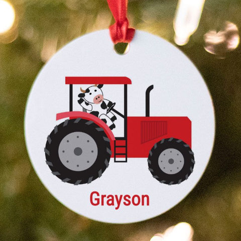 Red Tractor with Cow Ornament