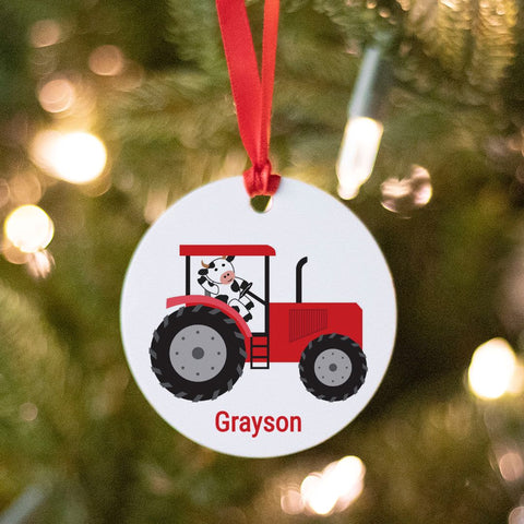Red Tractor with Cow Christmas Ornament