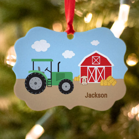Personalized Farm Ornament with Red Tractor and Cow