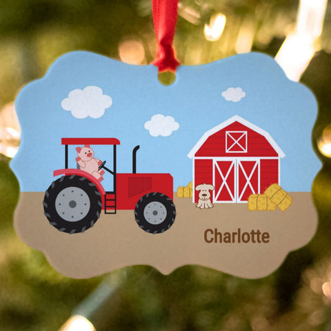 Red Tractor Ornament with Pig
