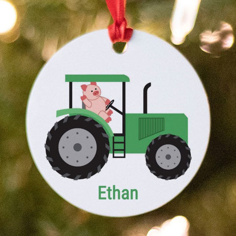 Green tractor ornament with pig