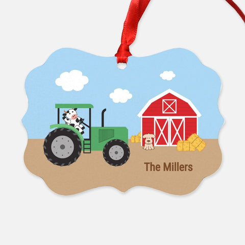 Personalized Farm Ornament with Green Tractor and Cow