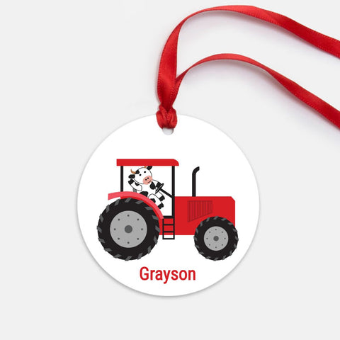 Green Tractor with Cow Christmas Ornament